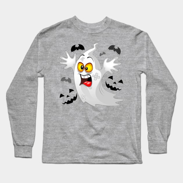 Ghost Funny Halloween Character Scared by Pumpkins and Bats Long Sleeve T-Shirt by BluedarkArt